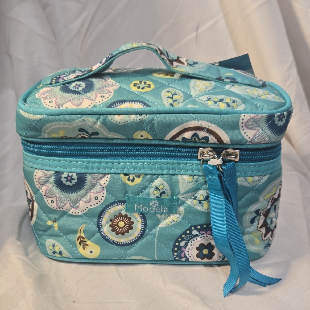 Modella Teal Floral Cosmetic Bag Quilted Mini Train Case